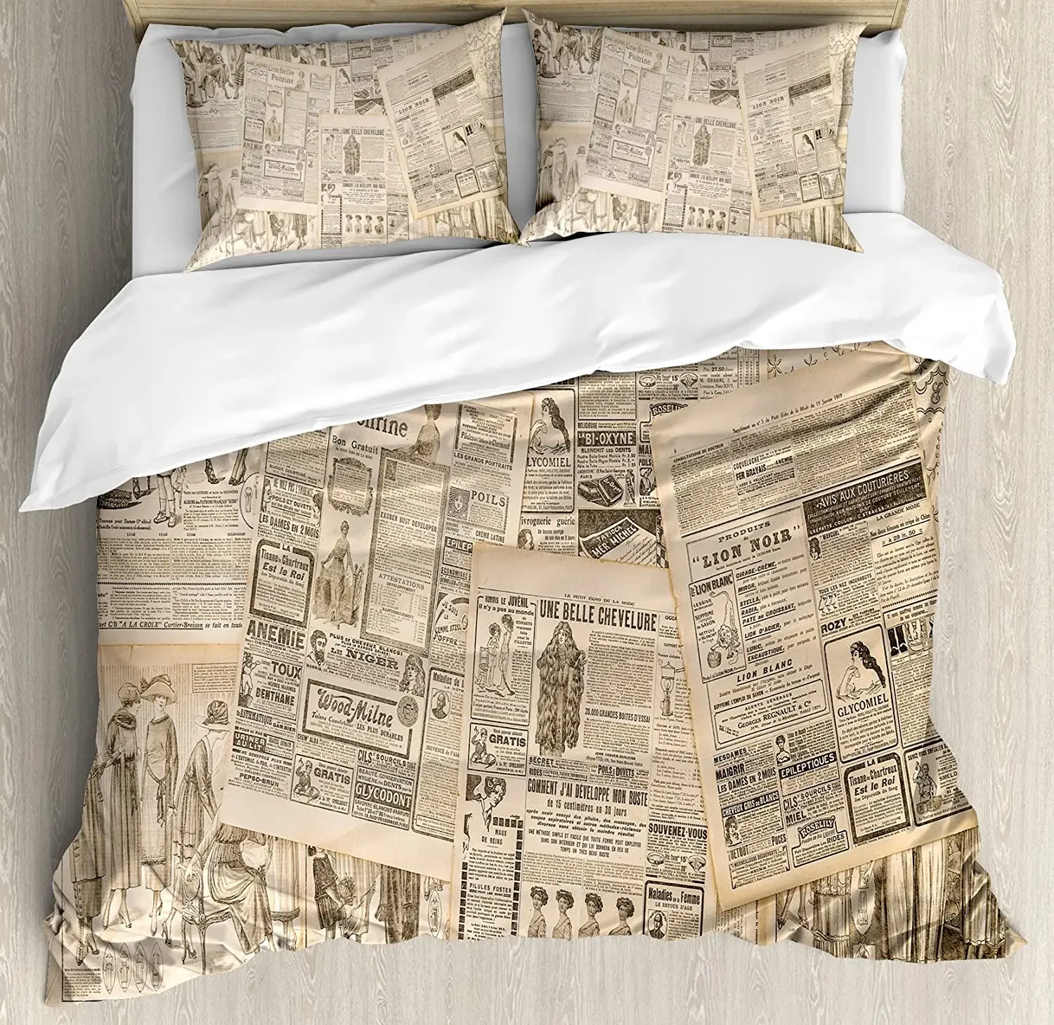 

Antique Decor Bedding Set Comforter Duvet Cover Pillow Shams Newspaper Pages with Advertising and F Bedding Cover Double Bed Set