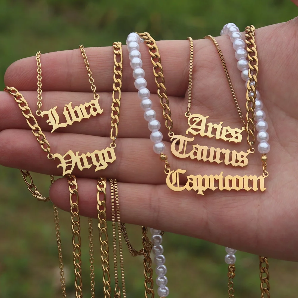 Gold Color Zodiac Sign Necklace Stainless Steel 12 Horoscope