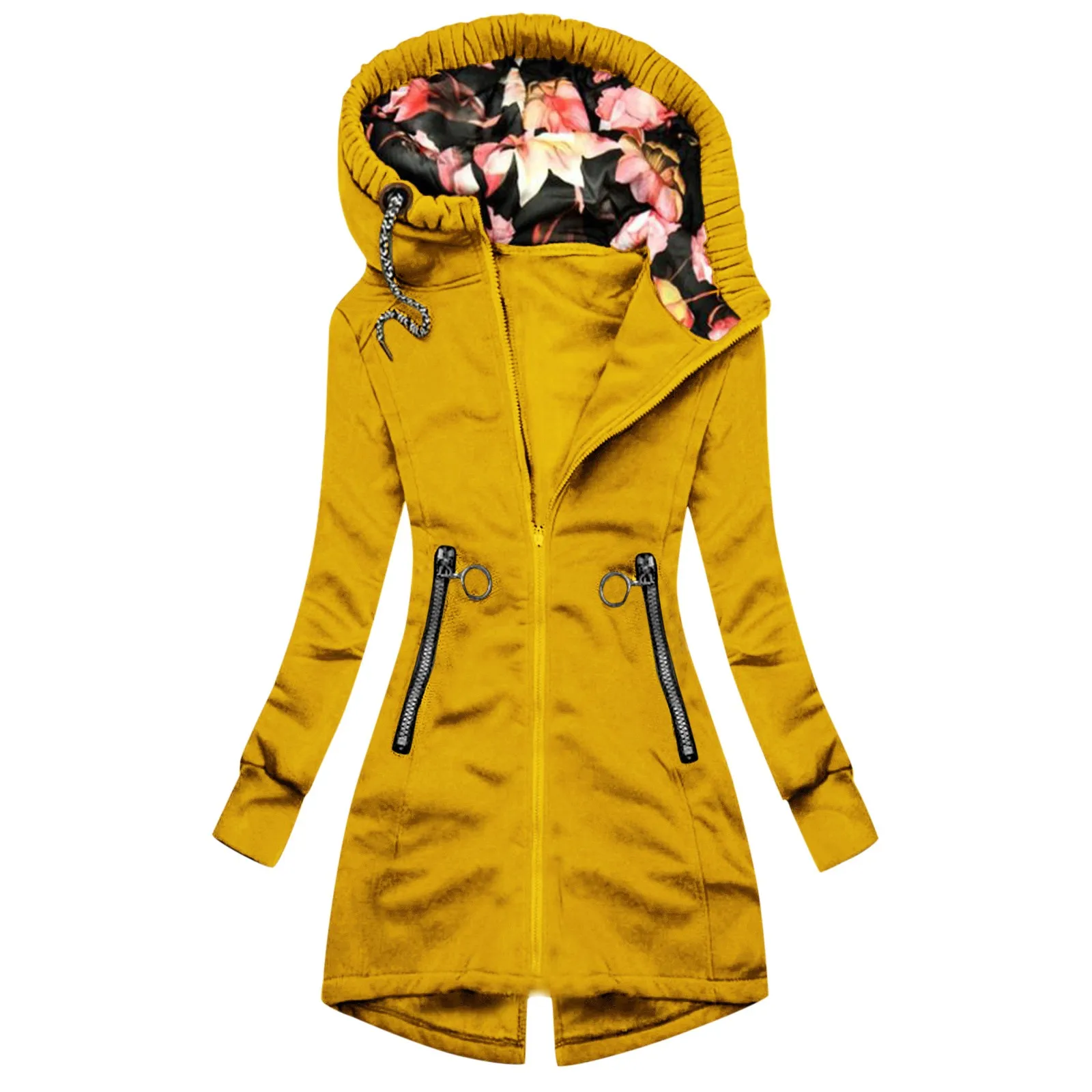

Women Tunic Sweatshirt Women Floral Print Hooded Fashion Solid Color Zipper Pocket Jacket Overcoat Hoodie Zip up Womens