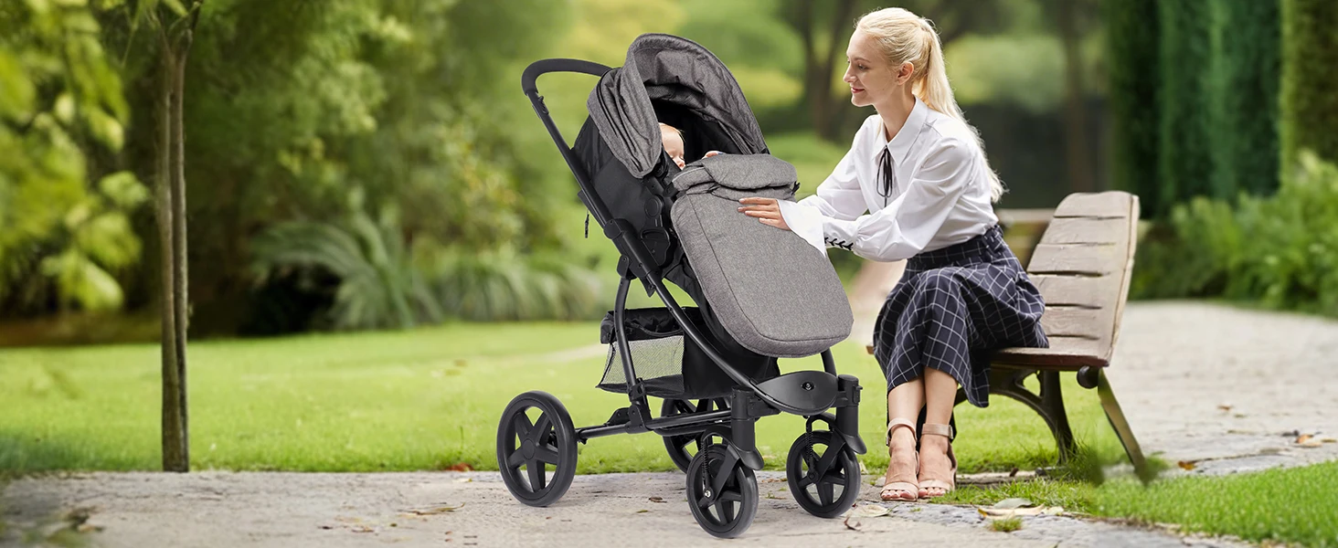 2-in-1 Pram and Travel System, Reversible Foldable Baby Pushchair with Convertible Seat/