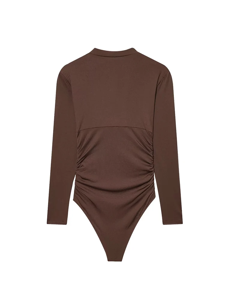 Spring New Women Bodysuit Fashion Long Sleeve Deep V Neck Slimming Elegant Solid Color Shirt Top Chic Folds Decoration Bodysuits