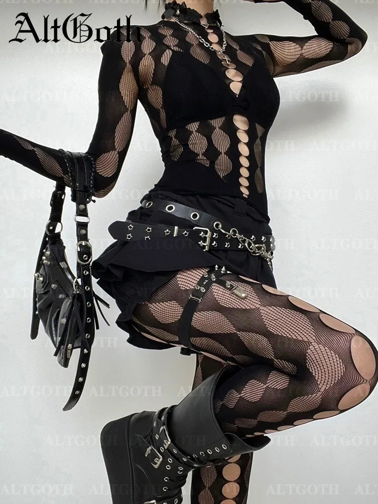 

Женские прозрачные сетчатые костюмы AltGoth из 2 предметов, уличная одежда в стиле киберпанк, с длинным рукавом, футболка с высокой талией, костюмы с брюками