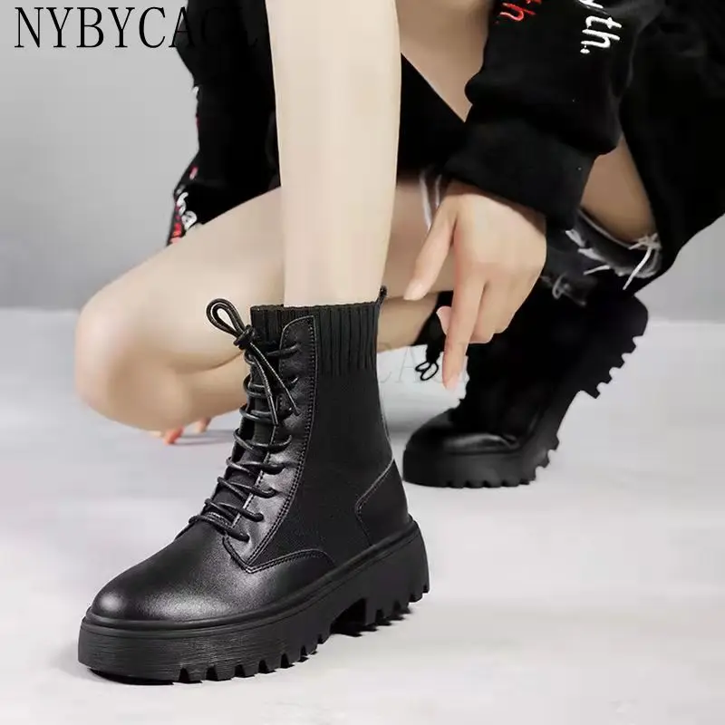 Genuine Leather Platform Boots 2022 Winter Spring Women Warm Comfortable Chunky Fashion Shoes Lace up Ladies Footwear New