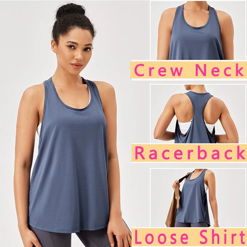 Racerback Crew Neck Loose Quick Drying Elastic Sleeveless Shirts Fitness Running Yoga Gym Tank Tops Sportwear For Women PofyBofy