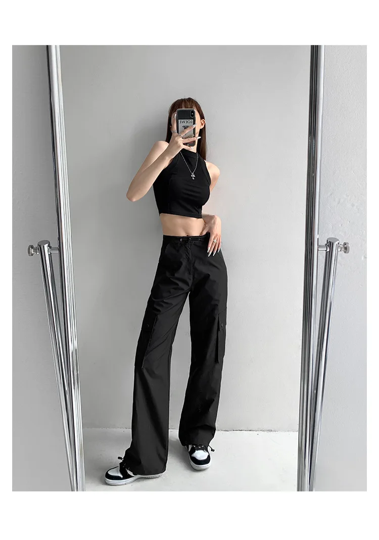 Adjustable Drawstring Low-rise Overalls Women's Summer Straight Leg Pleated Slimming Sports Ankle Pants