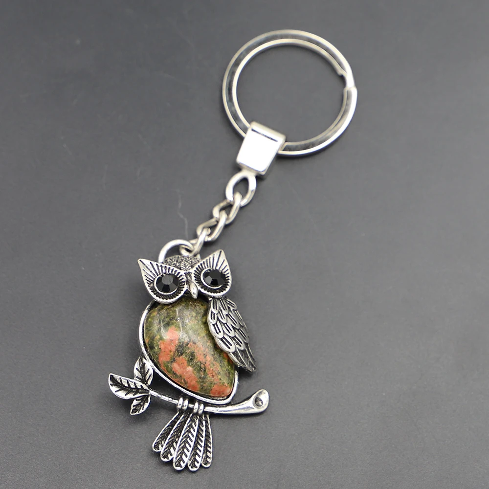 Creative Natural Crystal Original Stone Vintage Owl Keyring Fashion Popular Keychain Pendant Jewelry Accessories 8Pcs Wholesale