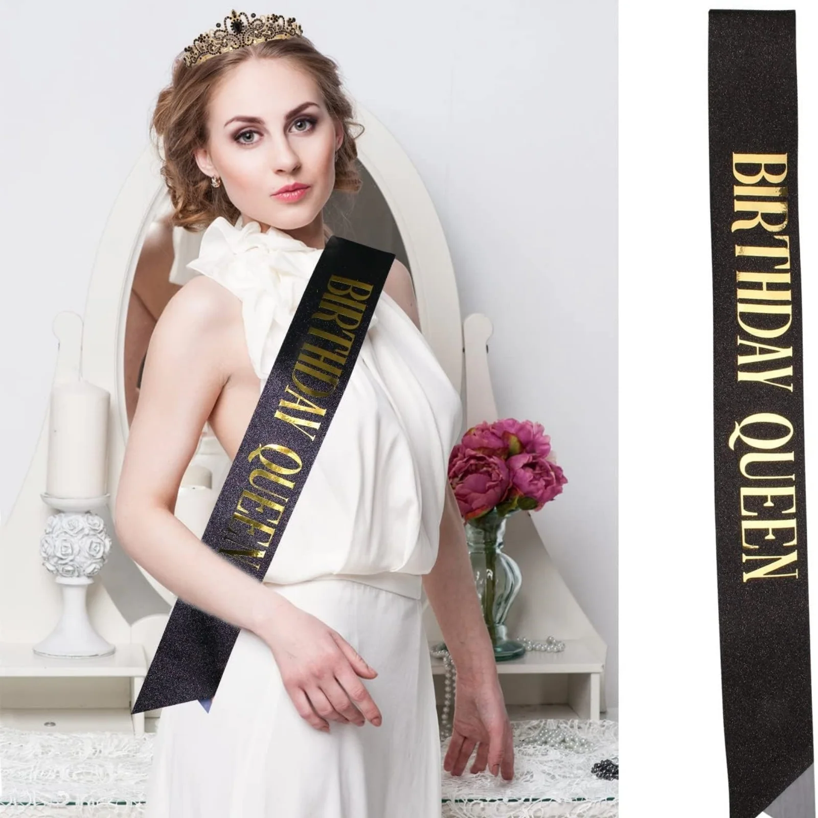 2PCS Black And Silver Birthday Party Decor Set, Crown Headband & Sash For Women, Sparkly Glitter Party Supplies, Elegant