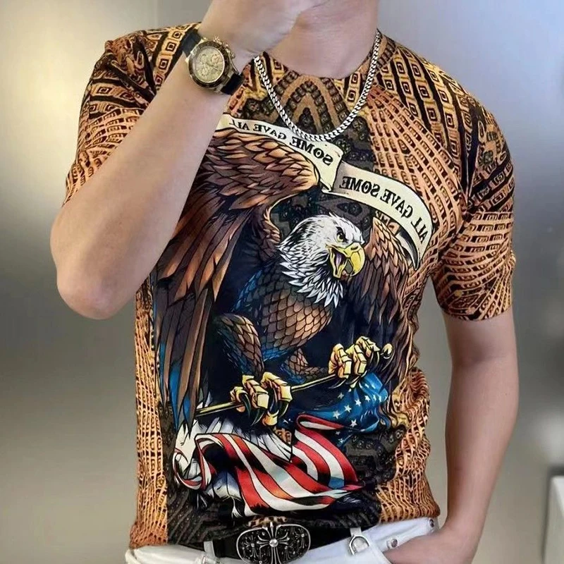 

2023 Summer New Eagle Pattern Male Short-sleeved T-shirt Young Ultra Fire Pattern Pullover Half-sleeved Men