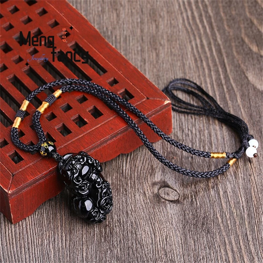Natural Obsidian Pixiu Pendant Engraver Amulet Wedding Souvenir Fashion Jewelry Paired Couple WomenMen Necklace Gifts