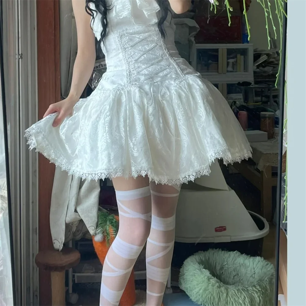 2025 Lolita Subculture Black White Short SK Lace Skirt High Waist Lace Up Girls Birthday Gothic Victorian Cosplay Party Skirts 4