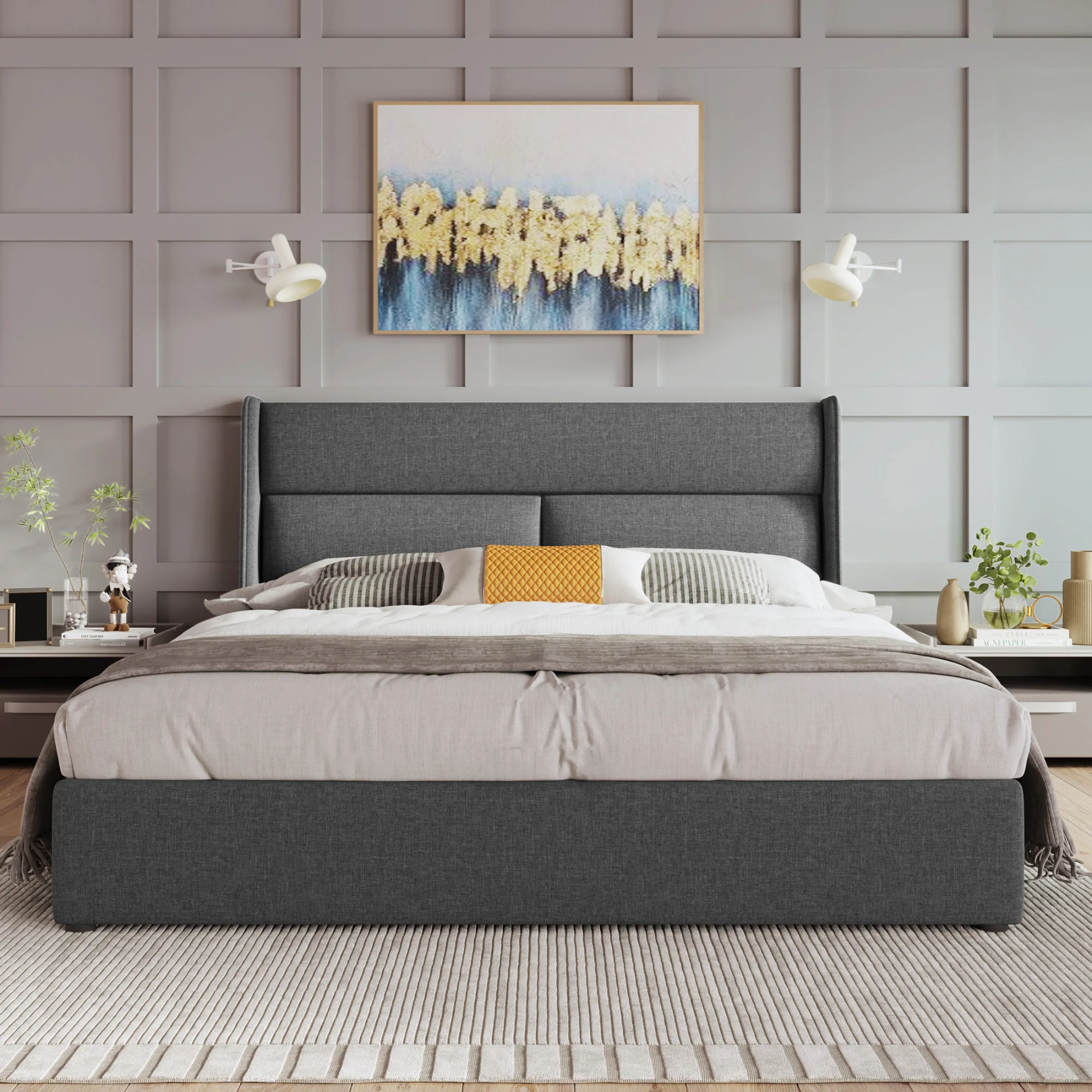 Gepolstertes Doppelbett 160x200cm, verstellbare Kopfstützen, hydraulischer Rahmen mit Stauraum, graues Leinen. – Detail 11