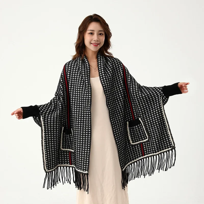 Imitation Mink Velvet Houndstooth Knitted Cloaks Women Warm Thick Big Pocket Capes Autumn Winter Plaid Coats Chic Travel Shawl 140x80cm usb charging electric blankets warm electric heating shawl timing function heated blanket mink velvet warm shawl