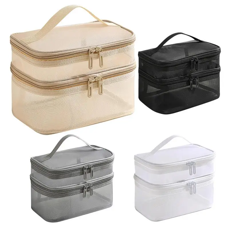 

Outing Makeup Bag Mesh Cosmetics Bag Carrying Case With Handle For Women durable Double Layer Storage Box For Women Fashion