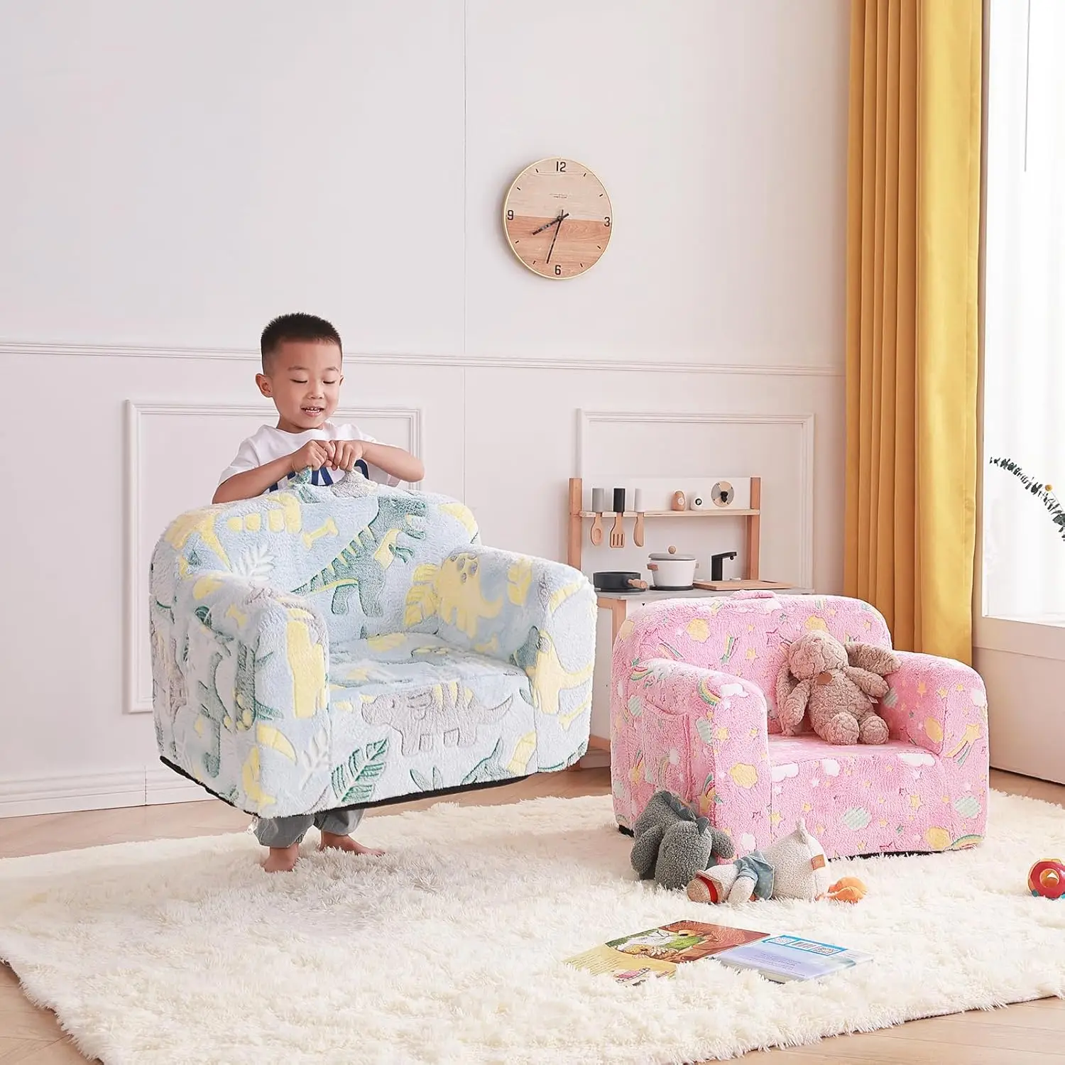 Children's sofa with handles and side pockets, Children's Foam Chair, Light Children's Sofa Chair (Grey Dinosaur) 4