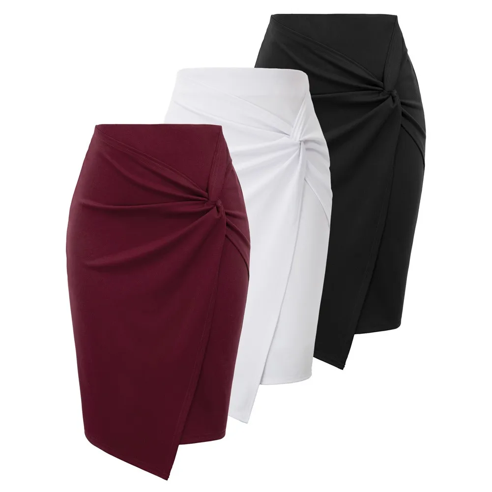 GK Women Asymmetrical Wrap Front Bodycon Skirt 2pcs-Pack Solid Color Slim Fit Knee-length Causal Office Lady Hip Wrap Skirt