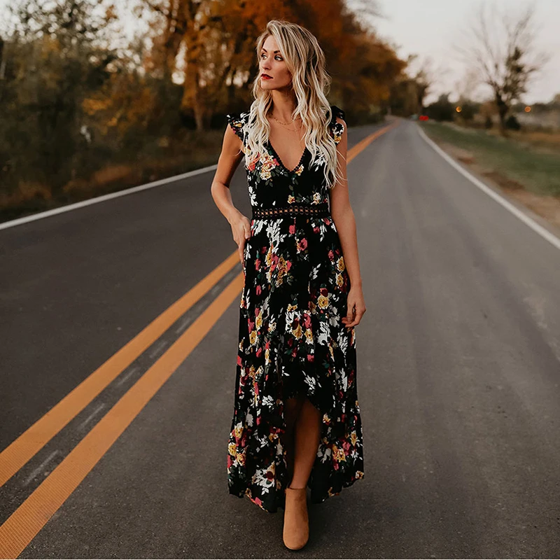 

2024 Summer Deep V Neck Long Maxi Dresses Open Back Party Bohemian Vestidos Woman Boho Backless Irregular Floral Pinted Vestidos