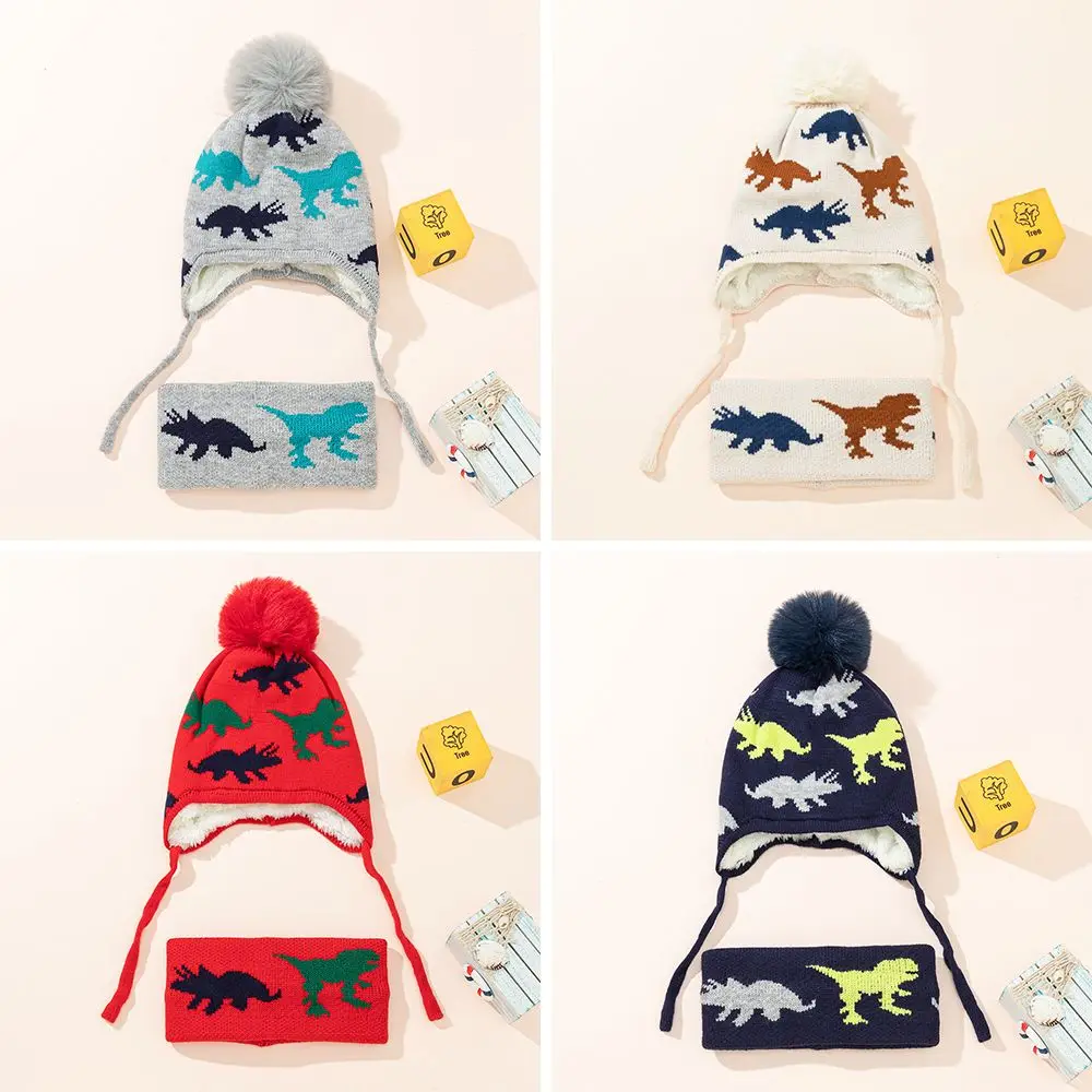 

Мягкая Толстая флисовая шапка с рисунком динозавра для мальчиков и девочек, женская трикотажная шапка с застежкой для ушей для детей 0-3 лет