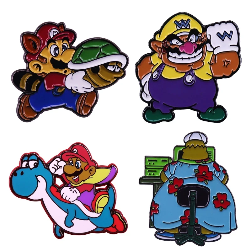 Super Mario Bros Smalto Pin Personalizzato Wario Mario Pilot Retro Game Riding Yoshi Dinosaur Memorial Badge Gioielli Regalo Amici