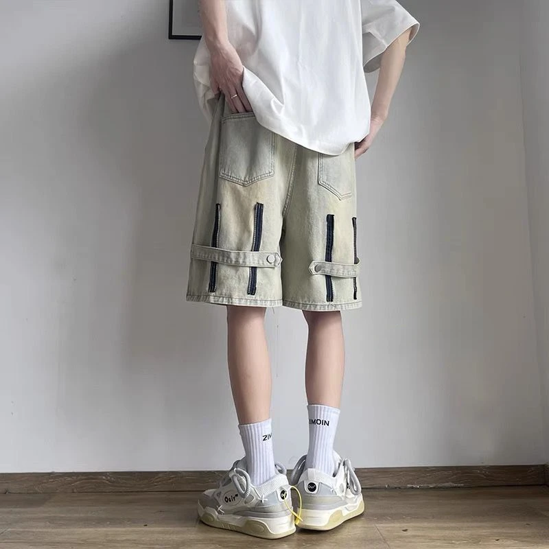 American Retro Denim Pants Men Summer High Waist Straight Leg Cargo Shorts High Street Fashion Casual Basics Streetwear Male