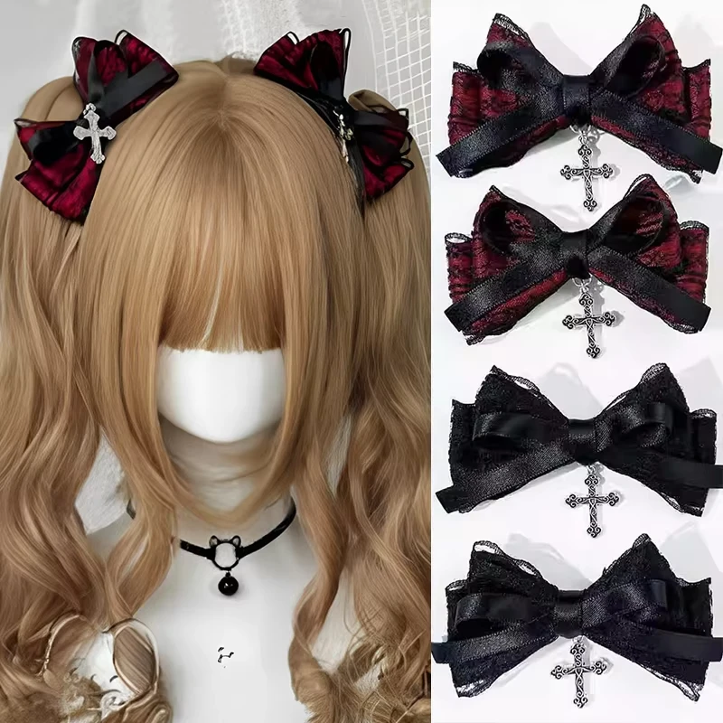 2Pcs Y2k Gothic Kreuz Anhänger Spitze Bogen Haar Clips Mode Bowknot Haarnadel Mädchen Straße Exquisite Haar Zubehör
