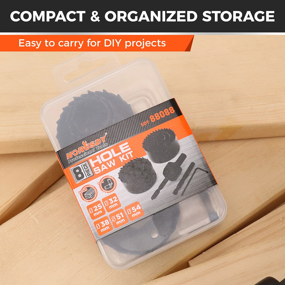 HORUSDY 8-Pieces Hole Saw Kit 25-54mm Drill Bits Hex Key Plywood PVC Board Soft Wood Au