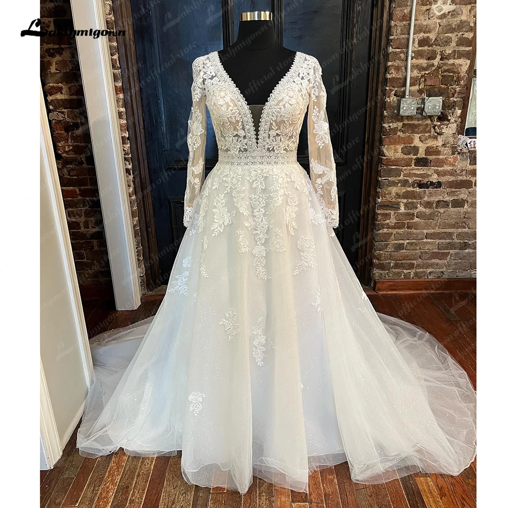 

Long Sleeves Boho A Line Lace Appliques Wedding Dress Open Back 2023 Elegant Bridal Gowns vestido de casamento