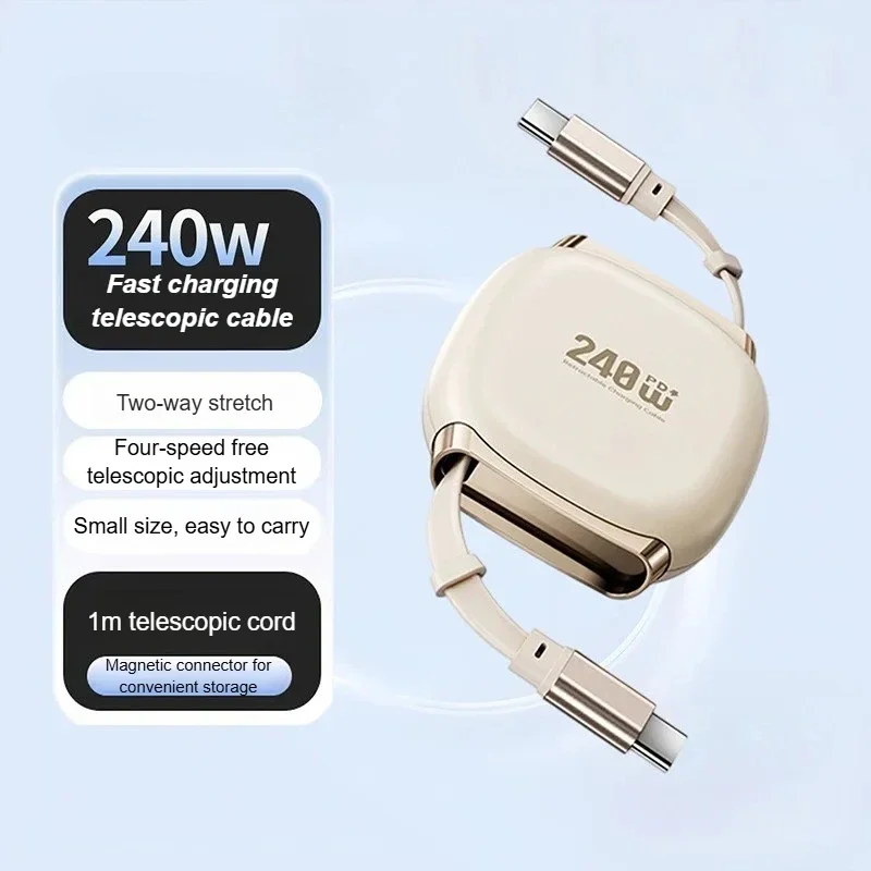 PowerFlex Retractable USB-C Fast Charging Cable - 240W Auto-Coiling Travel Essential