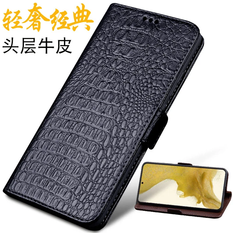 Luxury Lich Genuine Leather Flip Phone Case For Samsung Galaxy S22 Plus Ultra Real Cowhide Leather Shell Full Cover Pocket Bag