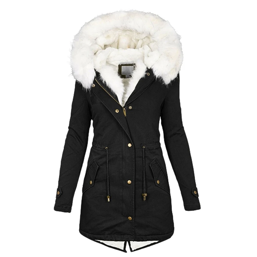 

Fashion Winter Women's Quilted Plush Lining Hooded Parkas Coat Long Style Solid Color Windbreak Outerwear Tops Parka Clothing