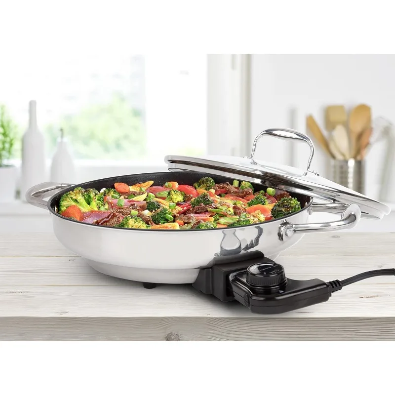 Electric Skillet By Cucina Pro -18/10 Stainless Steel,Frying Pan with Non Stick Interior,Glass Lid,12" Round,Temperature Control 5