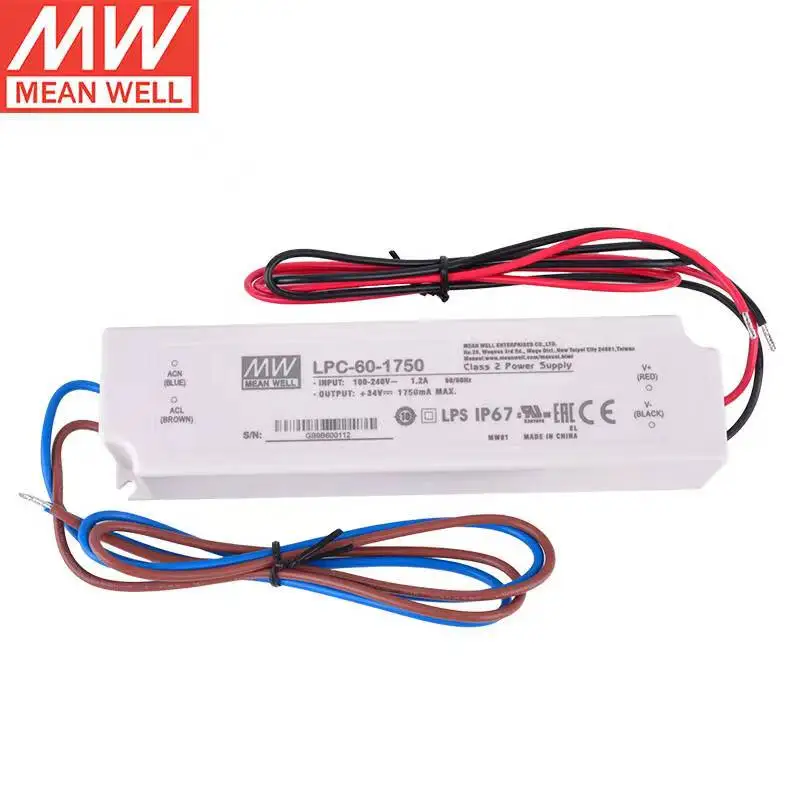 MEAN WELL LPC-60-1750 정전류 단일 출력 스위칭 전원 공급 장치,  LED 드라이버, IP67, 1750mA, , 신제품