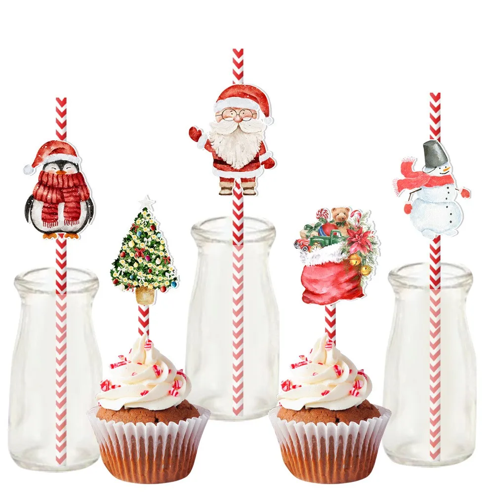 24pcs Christmas Decorative Straw New Party Decoration Snowman Water Cup Beverage Household Disposable Decoration Straw Supplies