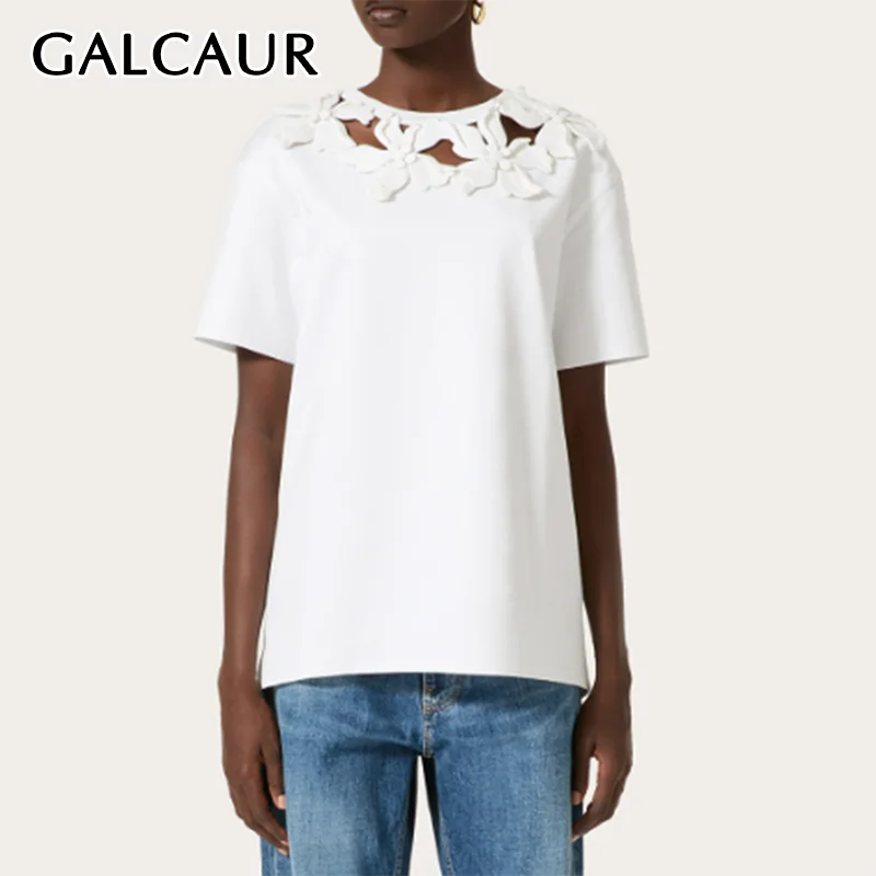 

GALCAUR Casual Loose Patchwork Appliques T Shirt Fro Women Round Neck Short Sleeve Solid Hollow Out Chic T Shirt Female 2024 New