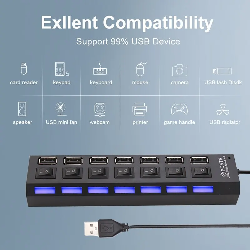 Switch 7-port Computer USB Extension Hub One Drag Seven USB2.0 Splitter PC Laptop Desktop_voghion.com