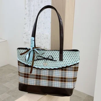 Borsa Tote con Stampa a Pois e Pizzo in Stile Coreano, Borsa a Spalla Y2K Carina, Borsa Casual da Pendolare