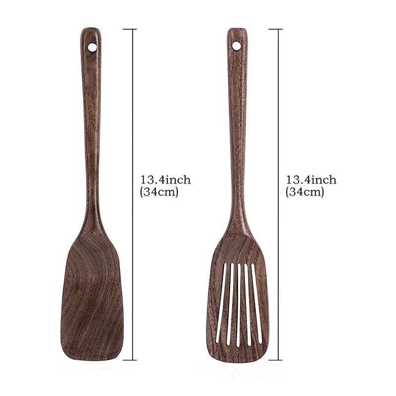 Wooden Spatula&Slotted Spatula for Cooking Black Walnut Long Handle Wood Slotted Turner for Non-Stick Cookware
