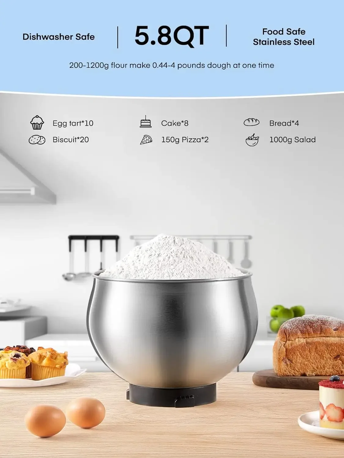 Stand Mixer 5.8 QT Stainless Steel Mixer with Dough Hook Mixing Beater Wire Whip Dishwasher-safe 6+P Speeds Tilt