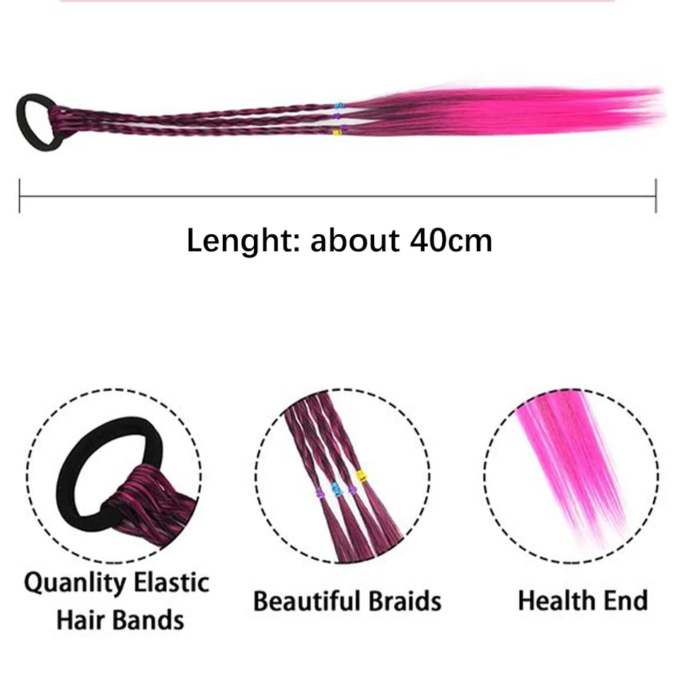 Set 4 Extension Per Capelli Colorate Arcobaleno – Trecce Finte In Poliestere, Lunghe 40 Cm, Con Elastico, Per Bambine E Ragazze, Per Feste E Cosplay - 4