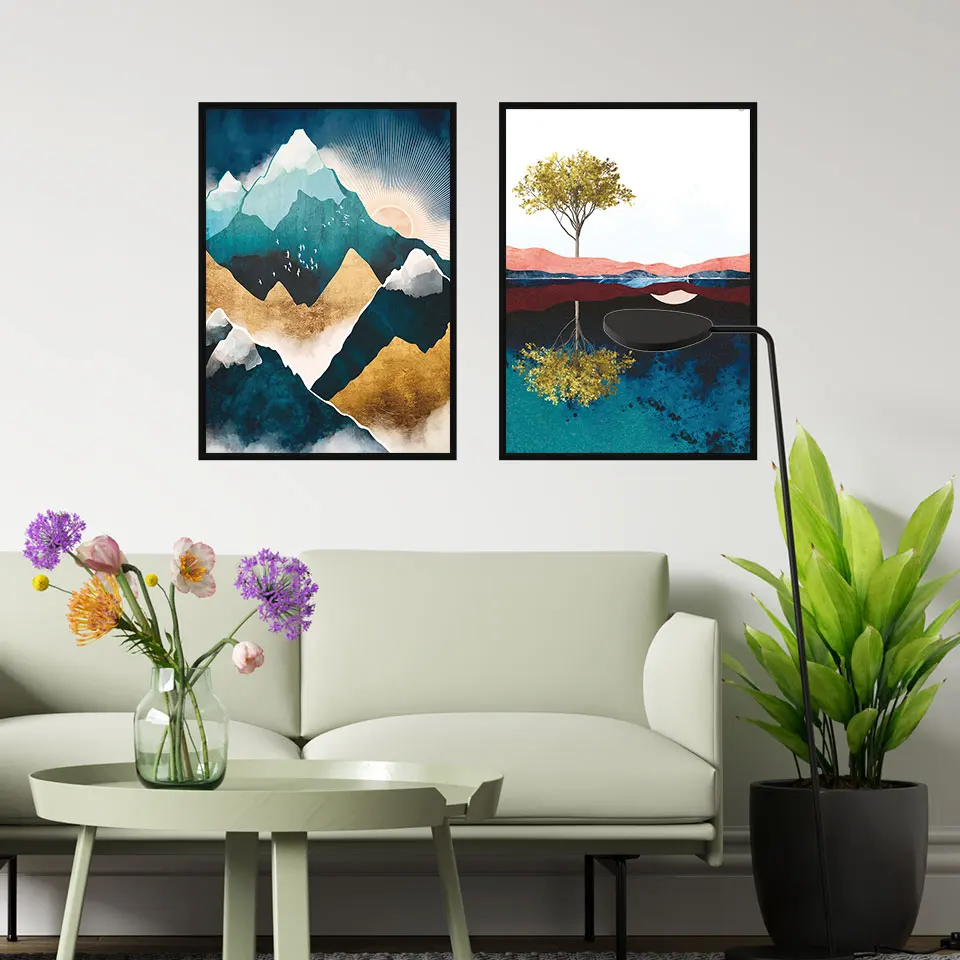 Golden Tree Poster Abstract Mountain Canvas Painting Bird Wall Art Pictures For Living Room Stampe Decorative Per La Casa Sul Muro