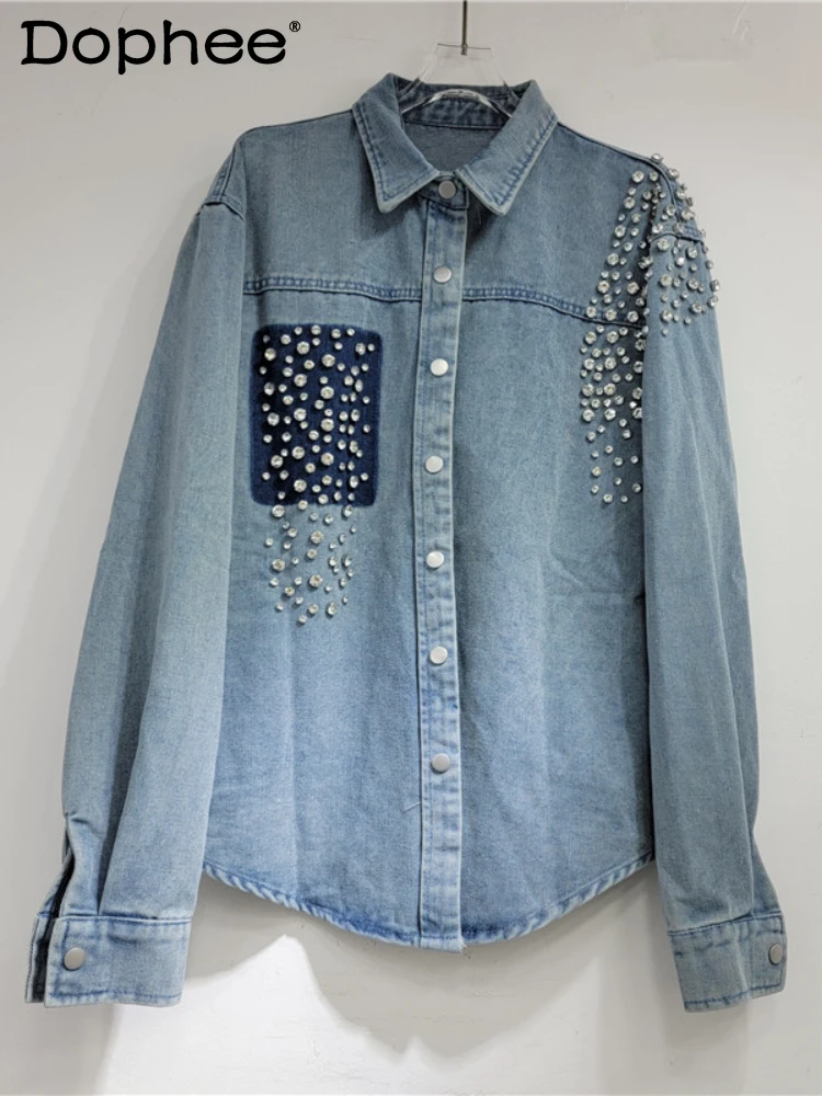 heavy-industry-beads-diamond-embedded-long-sleeve-denim-shirts-2024-spring-autumn-washed-cotton-pocket-loose-denim-jacket-coat