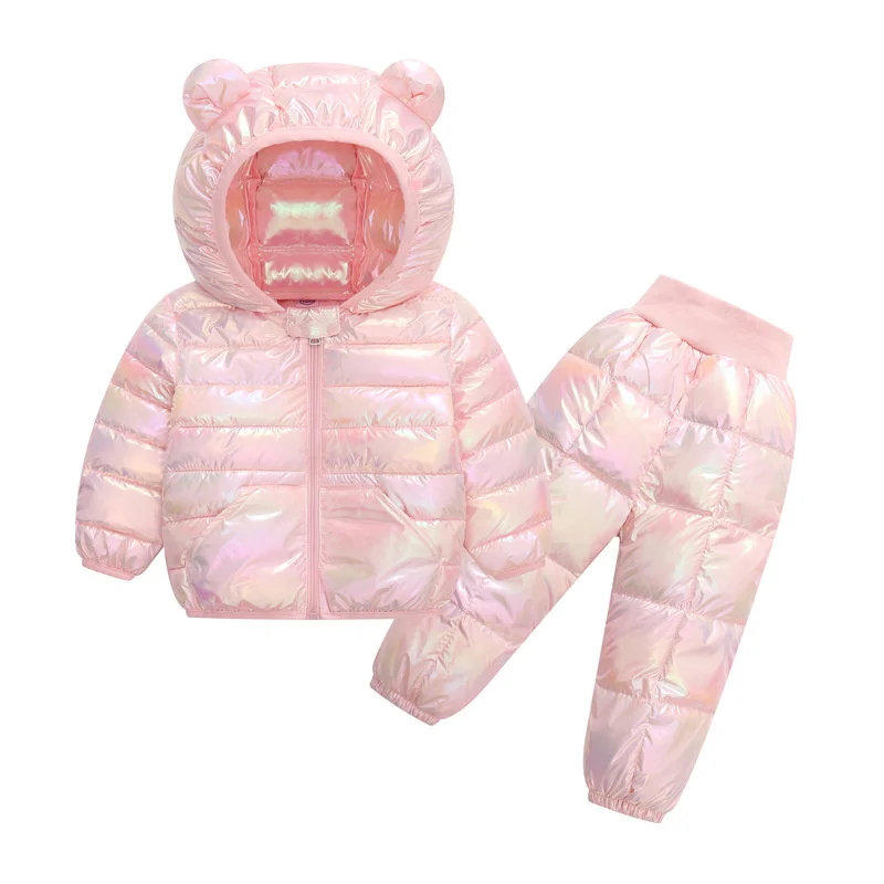 Kids Shiny Bear Ear Hooded Puffer Set Toddler 2 - Piece Metallic Coat & Pants Outfit 1-5Y