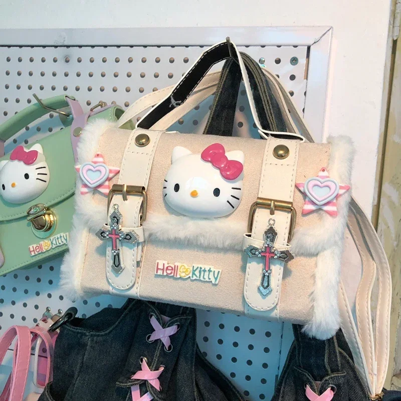 

2024 Spring and Summer New Hello Kitty Handbag Pink Girls Plush Women's Cute Fashion Messenger Bag Wallet and Handbag Gift