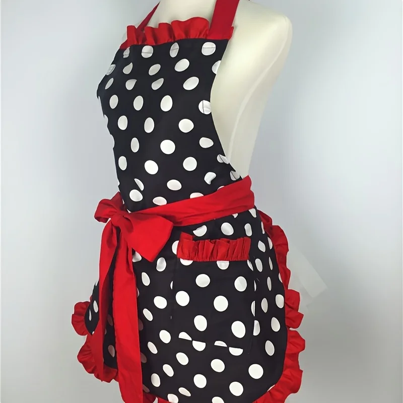 Women's Cotton Polka Dot Apron, Korean Style, Adult Home Daily Kitchen Red Waist Cover for Women