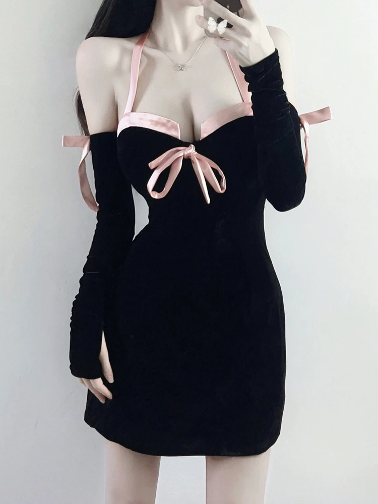 

Women's Dress New Velvet Bow Halter Slim Fit Hip Long Sleeve Skirt
