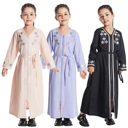 New Muslim Kids Girls Zipper Front Open Abaya Morocco Kaftan Islamic Child Clothes Eid Ramadan Arabic Prayer Robe Caftan Dress