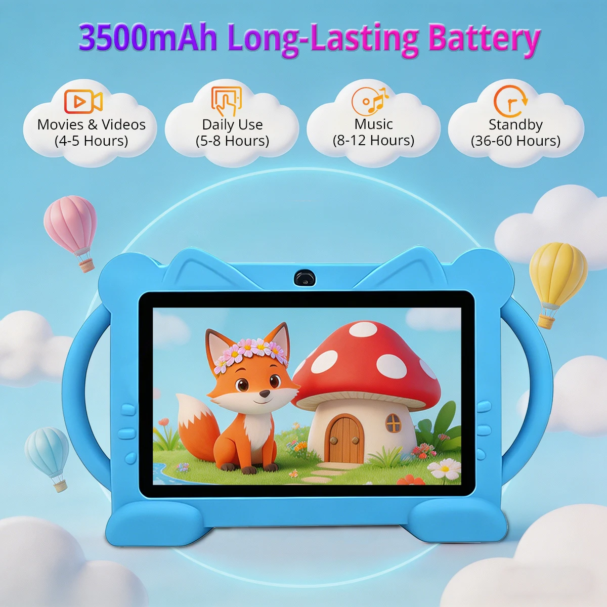 7인치 어린이용 태블릿 안드로이드 14 4GB 64GB 3500mAh 시력보호 듀얼 카메라 WiFi 블루투스 휴대용 어린이 학습용 태블릿