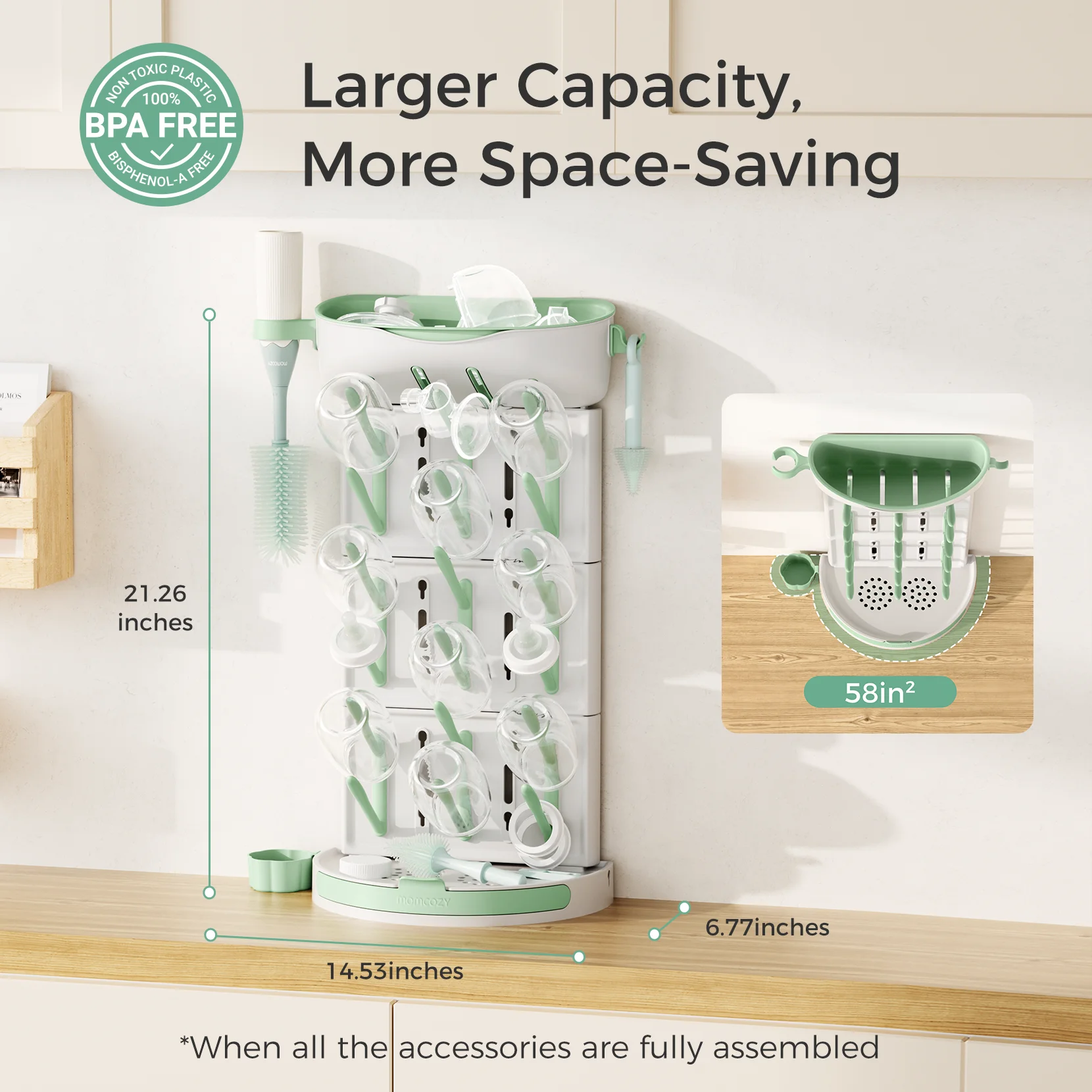Momcozy DIY Larger Bottle Drying Rack for 18 Bottles, Baby Accessories & Pump Parts, with Brushes Holder, Vertical, Detachable