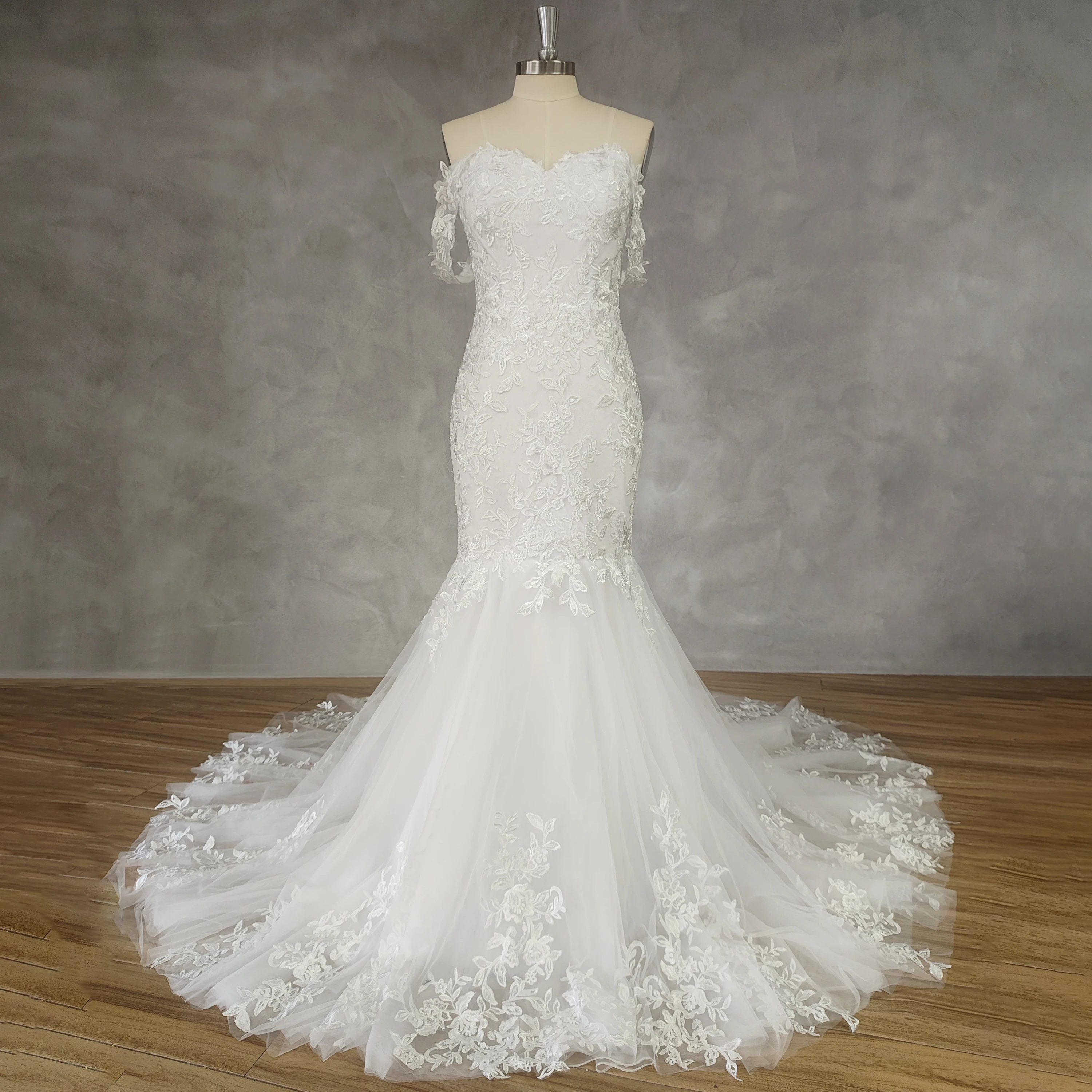 

DIDEYTTAWL Real Picture Sweetheart Appliques Tulle White Mermaid Wedding Dress Illusion Zipper Back Court Train Bridal Gown