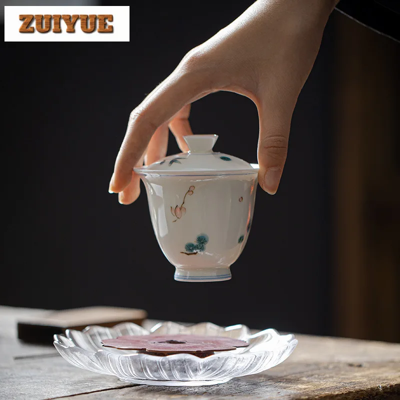 100ml Hand-painted High Footed Gaiwan Handmade Thin Bodied Jade Clay Ceramic Tea Tureen Tea Making Cover Bowl For Supplies