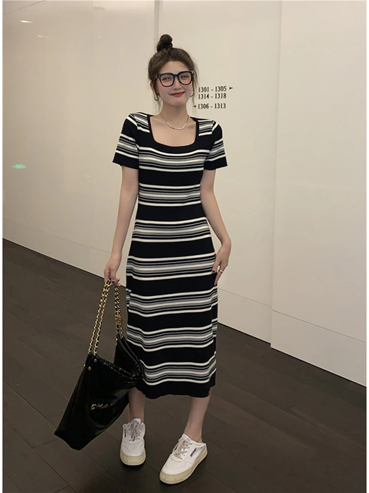 

Striped short-sleeved knit dress women spring and summer 2024 new loose casual lazy mid-length skirt
